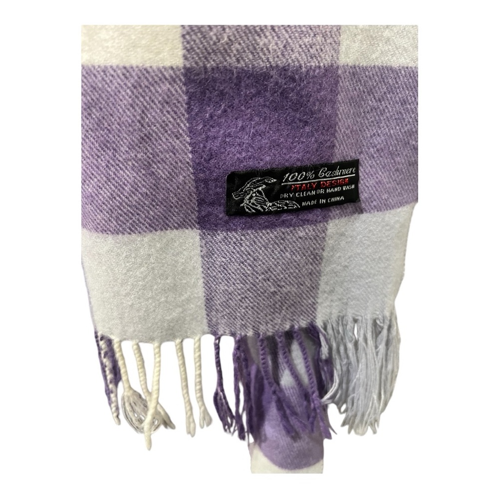 ITALY DESIGN 100% CASHMERE LAVENDER PURPLE WHITE PLAID FRINGE SCARF - Picture 3 of 10